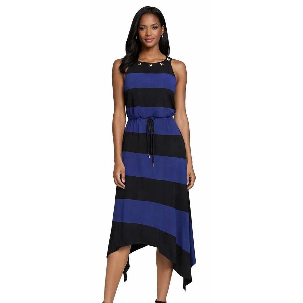 White House Black Market Dress Women S Blue Black Striped Studded Asymmetric Hem